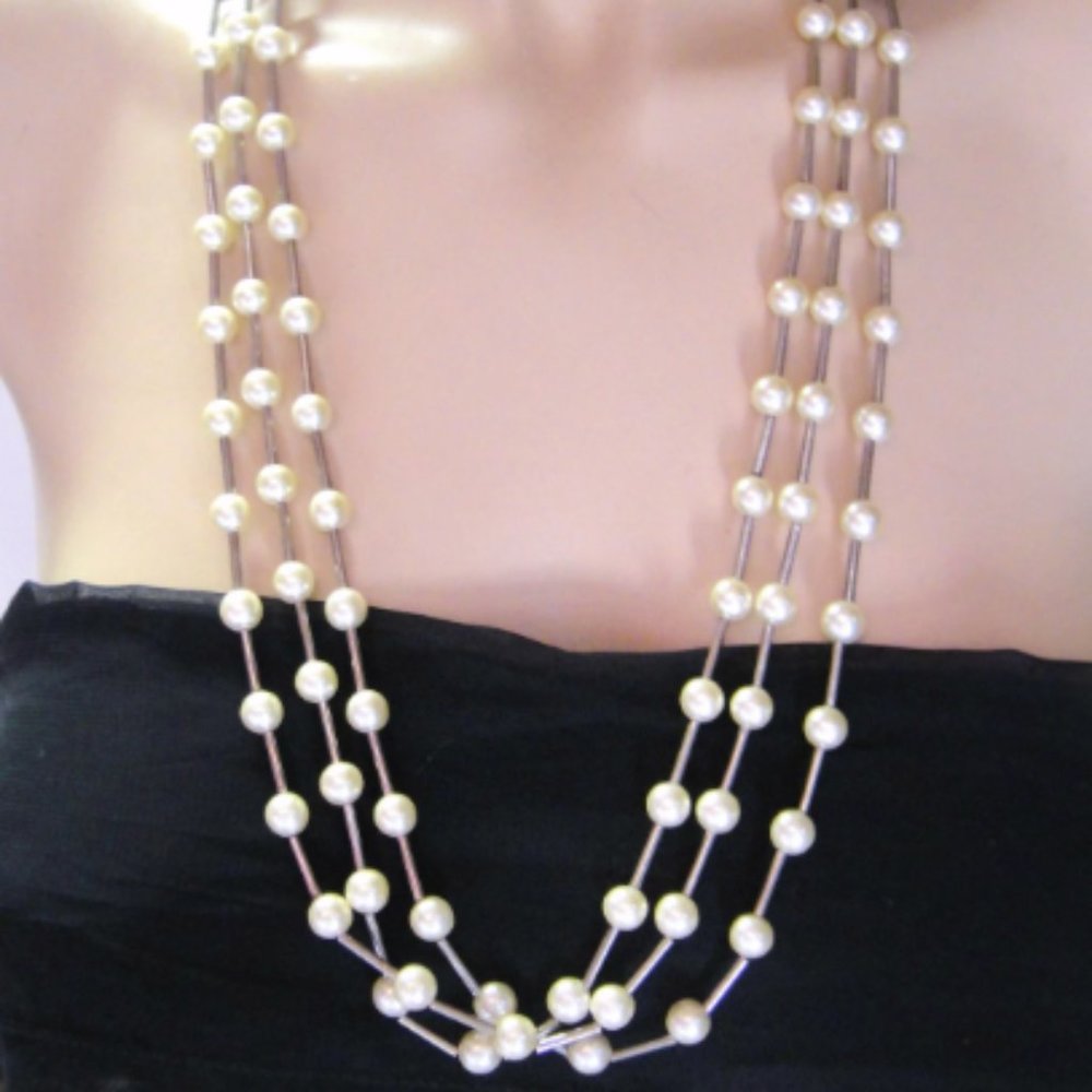 Silver Tone Faux Pearl 3 Strand Necklace
